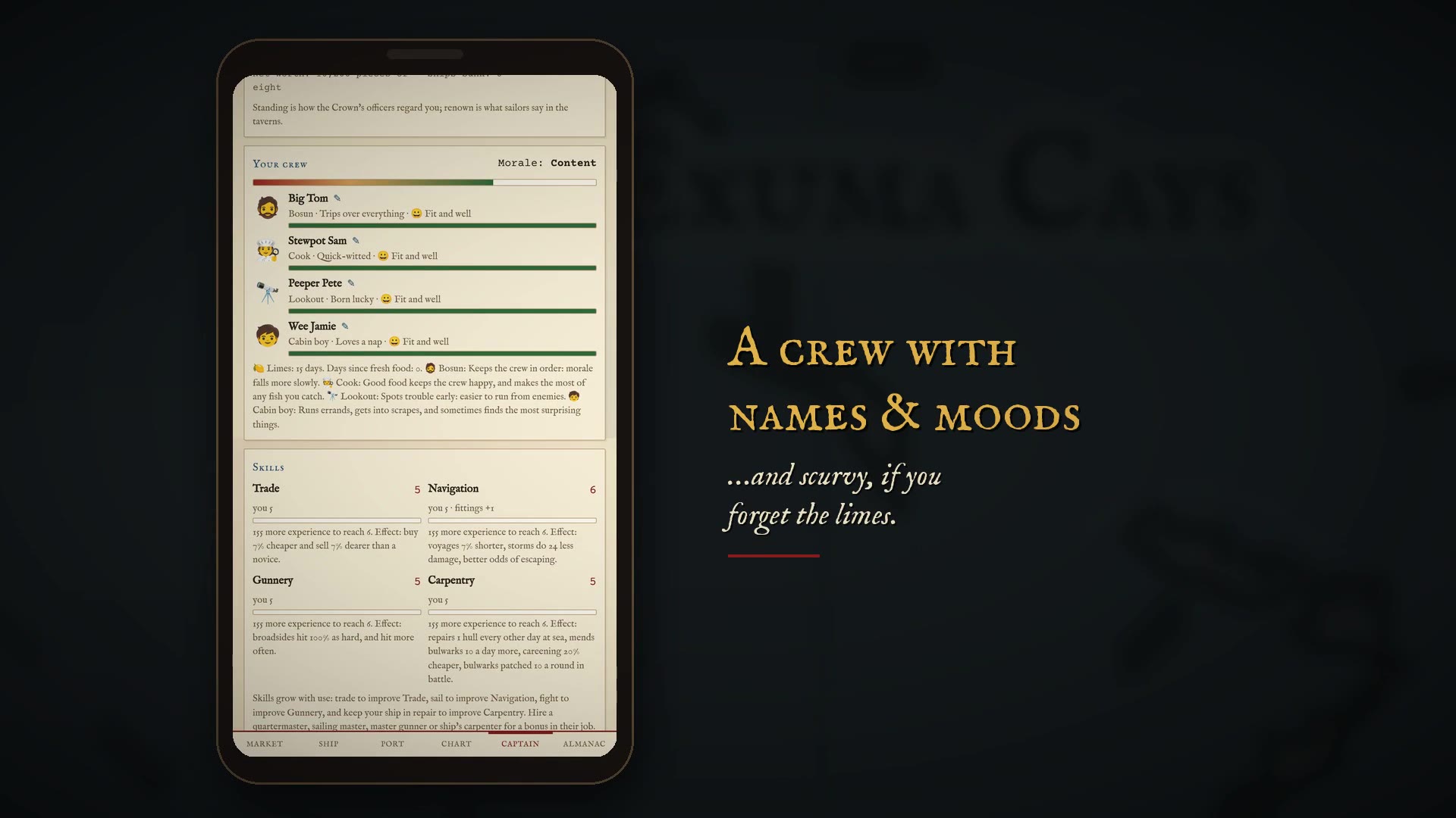 The crew screen, showing named sailors and their moods
